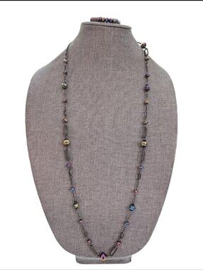 Trendy Silver Tone Rainbow Glass Beaded Long Layering Necklace Stretch Bracelet